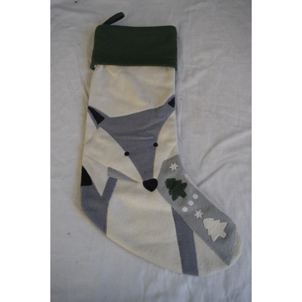 Crate & Barrel Christmas Stocking 21in Cream Grey Fox Woodland Holiday